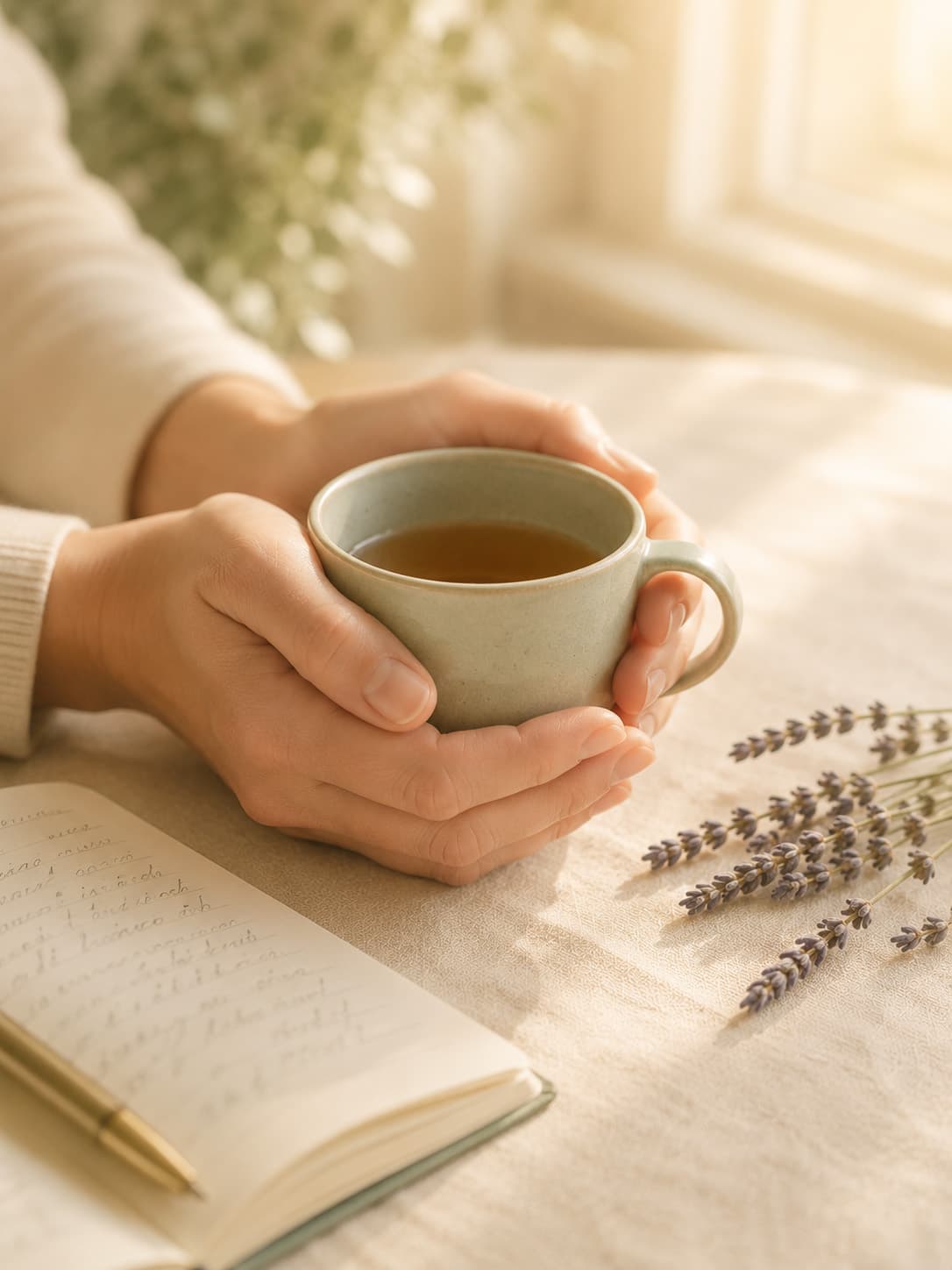 Two hands gently holding a ceramic mug of tea beside a notebook in warm afternoon light